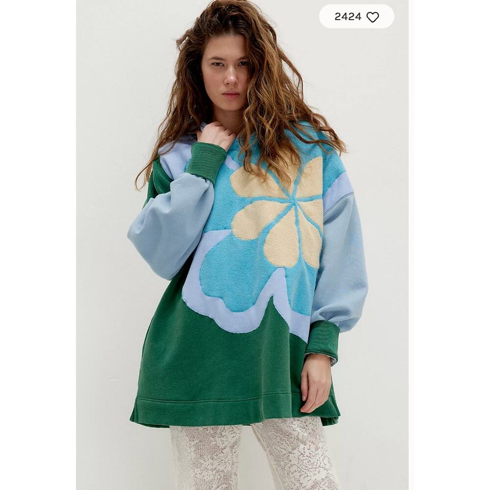 NEW Free People Green Blue Floral Oversized Sweatshirt